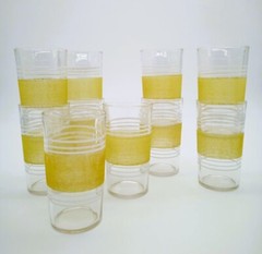 Vtg. Small Granite Yellow band and Clear Glasses (set of 10) Retro 60s Glasses