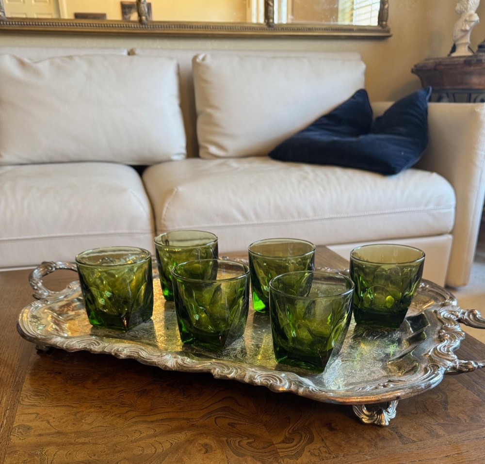 Vintage Mid Century Modern Vanity Green Arch & Panel Lowball Whisky Glasses