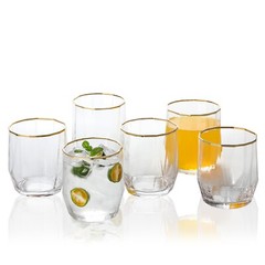 EVEREST GLOBAL Polyhedron Gold Rim Clear Crystal Glass Tumbler 14oz, Set of 6