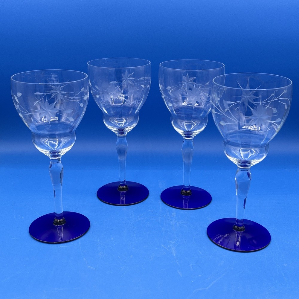4 Vtg Art Deco Louie Weston Optic Crystal Cobalt Blue Base Water Wine Glasses 8″
