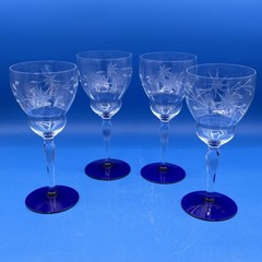 4 Vtg Art Deco Louie Weston Optic Crystal Cobalt Blue Base Water Wine Glasses 8″