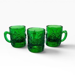 Vintage Mexican Green Glass Mini Chivo Pulque Mugs, Set of 3
