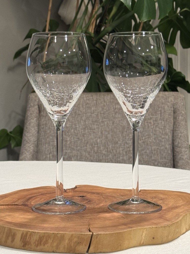 PIER 1 REFLECTIONS CRACKLE 9 1/4″ TALL STEM WINE GLASSES WATER GOBLETS SET OF 2