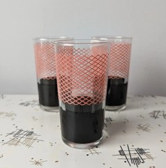 MCM Set Of Three Vintage Glasses Black And Pink Lattice Stripes Retro