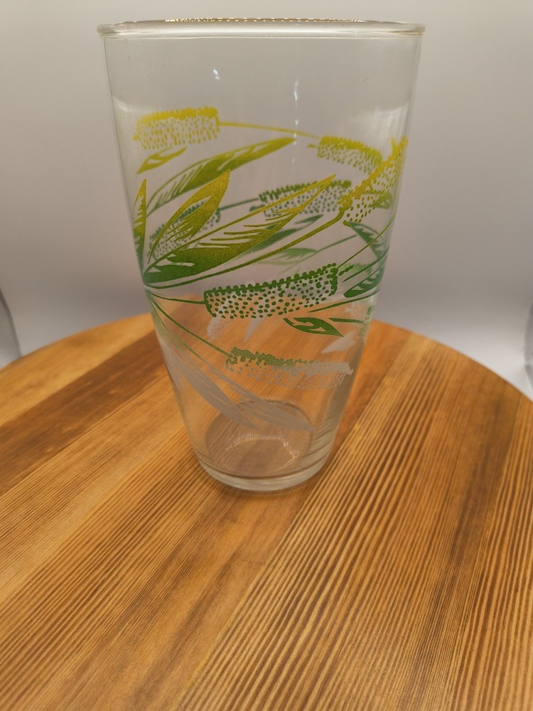 Vintage Libbey Jumbo Glass Tumbler Green Yellow Wheat Cattails Pattern MCM [2]