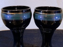 Pair Of Studio Art Pottery Goblets Chalices Clay Stoneware Black Blue Signed
