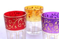 3 Jewel Tone Juice Glasses Double Shots Candle with Gold Tone Pattern Appx 3.25″