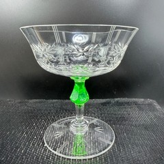 Vintage Uranium Glass Etched Laurel Leaf Champagne Coupes Vaseline Stem Cups Set