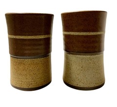 Studio Art Pottery Tumblers Set of 2 Stoneware Sand Tan Brown 10 oz Signed Earth