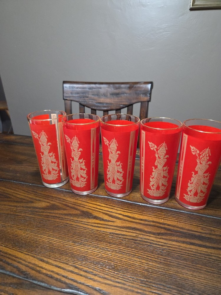 5 Vintage Culver Red Gold Siam Thai Goddess Tumbler Drinking Glasses