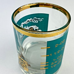 Libbey Southern Comfort Shot Glass Aqua Gold Steamboat Jigger Barware MCM EUC