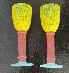 2 Colorful 6″ Aperitif Cordial Solid Stem Frit Studio Art Glasses USA