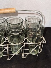 Mid Century Modern Set Of 8 Four Oz Cutting Chai Glasses & Metal Wire Caddy Wood
