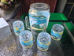 VTG Beau Rivage Casino Boats Lighthouse Pitcher 4 Matching Glasses Beverage Set