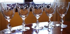 Vintage Set 5 TIFFIN FRANCISCAN PETITE Cut Leaf Crystal Water Goblets FANCY STEM