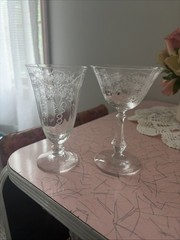 2 Pcs Fostoria Crystal CORSAGE Glass Goblet Etched Tea Goblet & Champagne Coupe