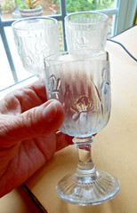 JEANNETTE Glass IRIS Sherry Set 3 Wine Goblets c1928-32, 4.25″ h EAPG