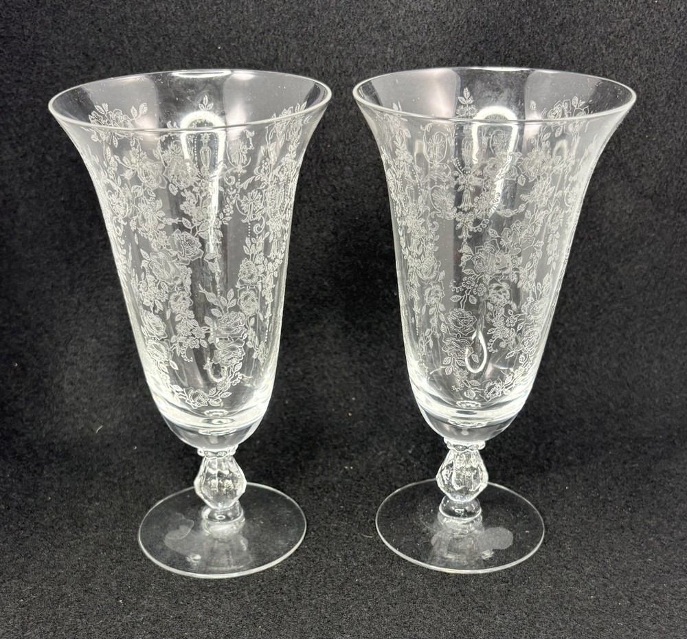 2 Vintage Tiffin Cherokee Rose Etched Crystal Iced Tea Glasses 6.7in Discontinue