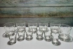 6 Vintage MCM Clear Etched Frosted Polka Dot Glasses Tumbler + 6 Shot Glasses