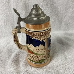 Vintage German Beer Stein Ceramic Pewter Lid Hand Painted Tavern Scene 7″