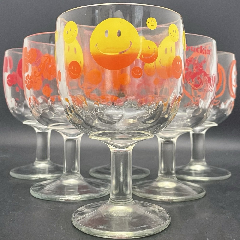 Bartlett Collins 6pc Pokee Peace•Keep On Truckin•Happy Face Goblets c1970s USA
