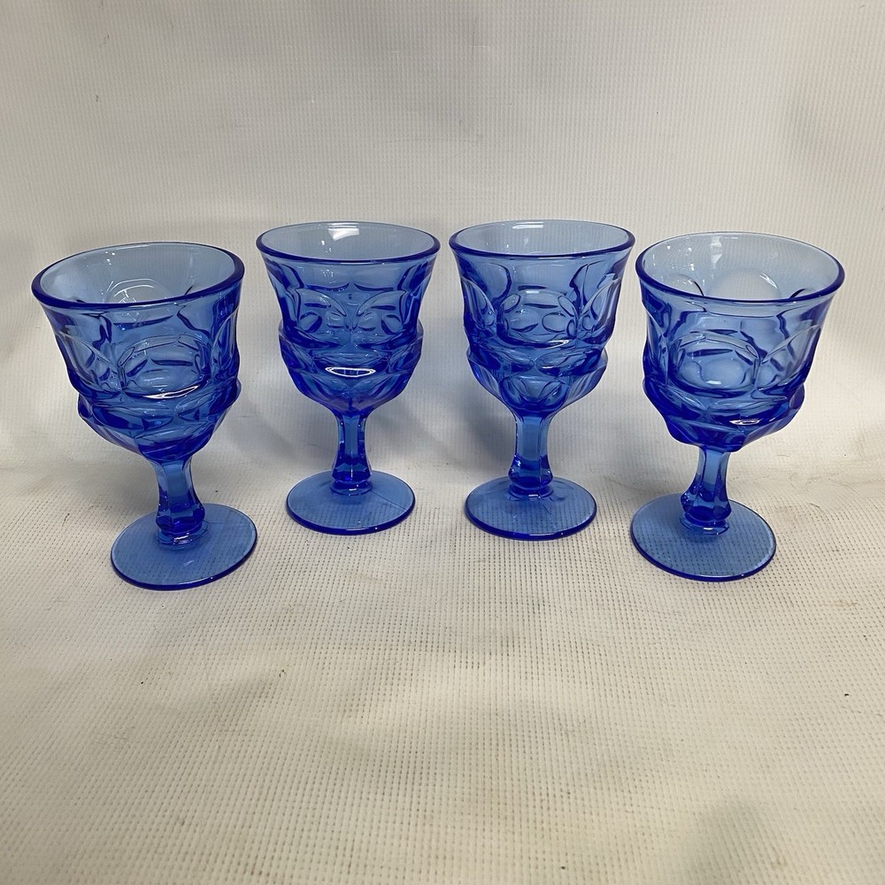 Set Of 4 Blue Water Goblets Fostoria Argus Stemmed Drinking Glasses 6 1/2”