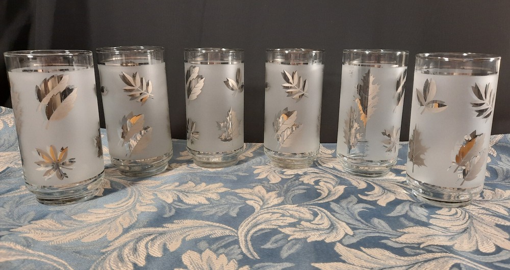 6 Vintage Frosted Silver Leaf Mid-Century Vintage Tumbler Glasses Set