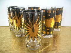 6 Fred Press Atomic Celestial HIGHBALL Glasses Black Gold MCM~FAB