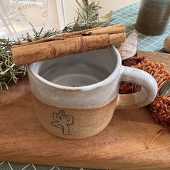 Handmade Ceramic Small Mug – Earthy Two-Tone Coffee Cup with Yoga Illustration