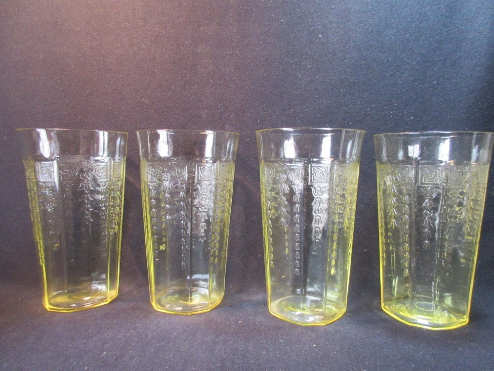 Hocking Princess Ice Tea Flat Tumblers 5 1/4″ Topaz Yellow Set of 4 Excellent