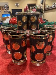 MCM Libbey 22K “Gold Coins of World» Highball Glasses Set of 8 Vintage 1950/1960