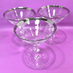 Vintage MCM Elegant Champaign Glasses Pressed Leaf Stem Platinum Band Set of 3