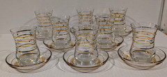 Turkish Tea Glass Set of 8 Cups & Saucers Gold Band Crystals Rhinestones Etched