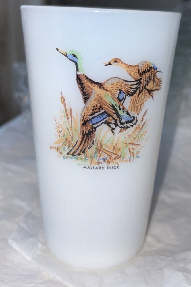 Unmarked Milk Glass Tumbler Glass, White Multicolor Mallard Duck Pattern