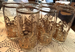 Culver MCM 22K Gold Applied Mushroom Highball Glasses Set of 6 Signed Vintage