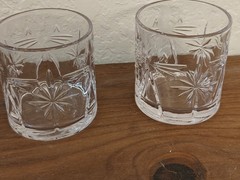 Pair Of MCM Style Brilliant Cat Face Atomic Starburst Low Ball Drinking Glasses