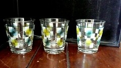3 Vtg MCM Dominion Yellow & Green Bar Drinking Glasses Geometric Starburst