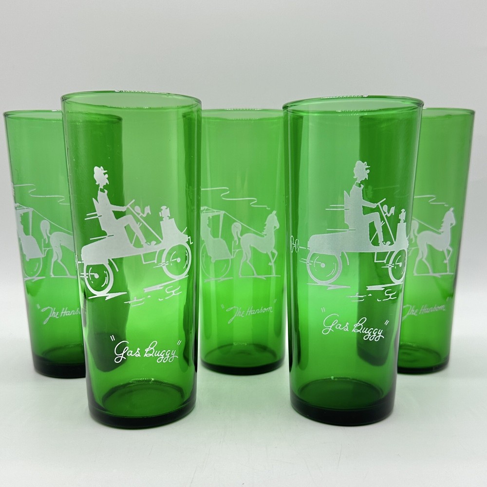 5 Vintage Anchor Hocking Green 16oz Highball Glasses The Hansom & Gas Buggy /cb