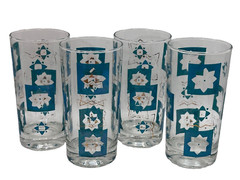 4 Mid Century Retro Modern Blue and Gold Highball Cocktail Drinking Glasses mcm