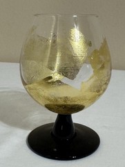 Randy Strong Signed Art Glass 5.5” Black Stem Gold Leaf Goblet Brandy Snifter