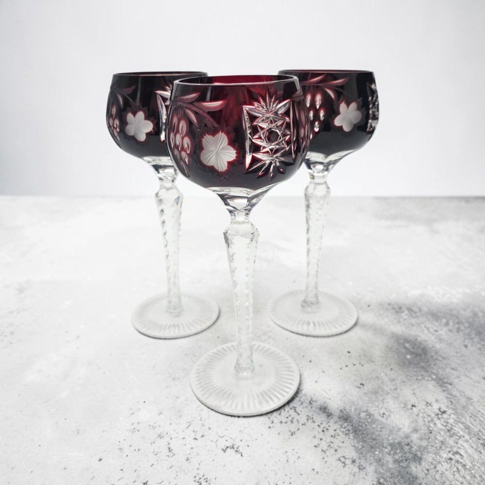 VTG Ajka Marsala Deep Ruby Cut to Clear Crystal Hock Wine Goblet 8.375″ Set of 3
