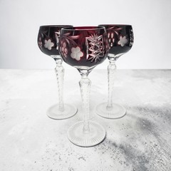 VTG Ajka Marsala Deep Ruby Cut to Clear Crystal Hock Wine Goblet 8.375″ Set of 3
