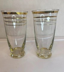 MCM West Virginia Glass Gold Striped Pedestal Tumbler Flared Glasses Set Of 2