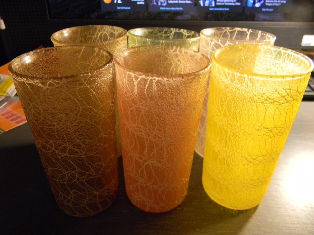 Vintage MCM Spaghetti String Multicolor Set of 6 Rubber Coated Glasses 5 1/2”