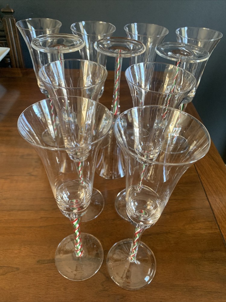 VTG Pier 1 Venetian Handblown Champagne Flutes Holiday Candy Cane Stem Set 11