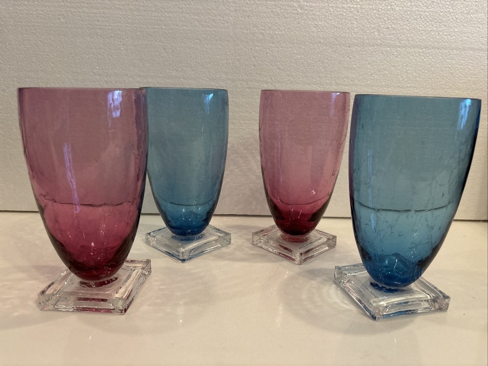 4 SMYERS Studio Art Glass Tumblers 6” Marble Effect Amethyst & Blue ’99 Set Lot