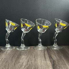 Set Of 4 Whimsical Hand Painted Tipsy Martini Glass Novelty Bar Cocktail Glasses
