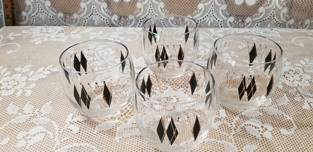 MCM Atomic Harlequin Diamond Beverage Glasses 8oz Roly Poly (4) Black Gold