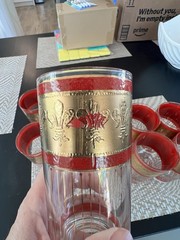 Vintage Signed Culver Set of 8 Highball Glasses Red 22K Gold Fleur De Lis MCM