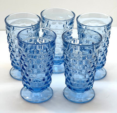 Lot of 5 Indiana Glass Whitehall Colony Light Blue 6″ Footed Tumblers 1″ Rims